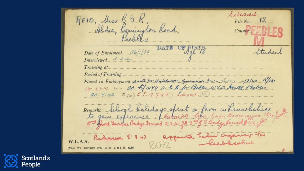 ScotlandsPeople's tweet image. Records of the Scottish Women’s Land Army have lots of personality: they can contain unexpected details.
These are records of women born 1874-24 who volunteered for forestry and agriculture work in WWII, born 1874-1924.
Find out more
bit.ly/LandArmySP