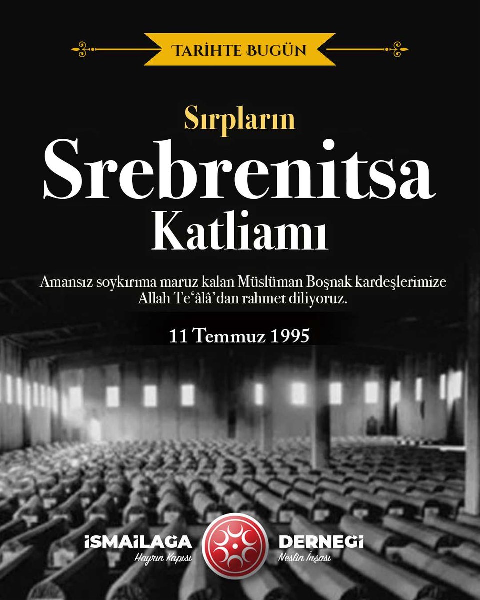 #TarihteBugün (11 Temmuz 1995)
Sırpların Srebrenitsa Soykırımı 

Bu amansız soykırıma maruz kalan Müslüman Boşnak kardeşlerimize bir kez daha Allah Te‘âlâ’dan rahmet diliyoruz. 

#SrebrenitsaSoykırımı hakkında  🔗  ismailaga.org.tr/sirplarin-sreb…