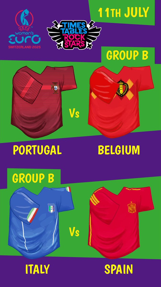 TTRockStars's tweet image. Day 7 of @WEURO2025 ⚽️
Up next:
Portugal🇵🇹 vs Belgium🇧🇪
Italy🇮🇹 vs Spain🇪🇸
Get your class involved! We've added football shirts for each team in the Euros to our Avatar Shop. 👕🛒
#WomensEuros #WEURO2025