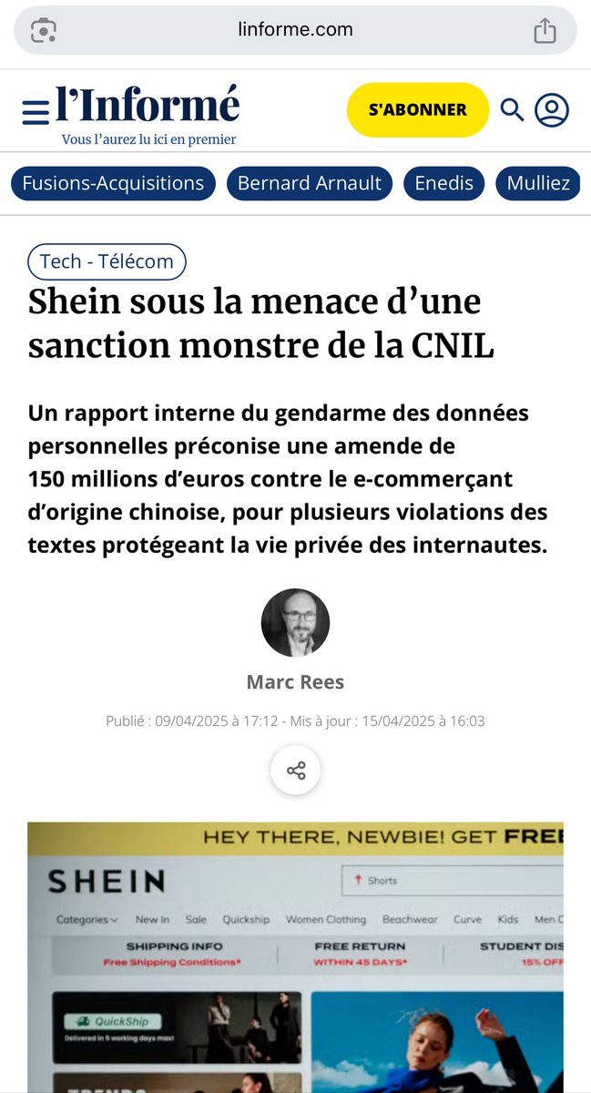 reesmarc's tweet image. Hier, on a appris dans une dépêche AFP que Shein était sous la menace d’une amende @CNIL  de 150 millions d'euros.
Une info dévoilée par @LInforme_ en avril dernier #RGPD 
linforme.com/tech-telecom/a…