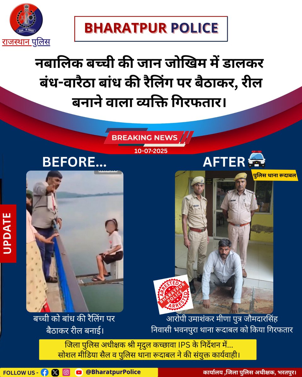 नाबालिक बच्ची की जान जोखिम में डालकर, बंध बरेठा बांध की रेलिंग पर बैठाकर #Reel बनाने वाला व्यक्ति गिरफ्तार

आरोपी उमाशंकर मीणा पुत्र जोमदार निवासी भवनपुरा #रुदाबल को किया गिरफ्तार

🚨#अपील:- रील बनाने के लिए बच्चों की जान जोखिम में नहीं डालें!

<a href="/RajCMO/">CMO Rajasthan</a> <a href="/BhajanlalBjp/">Bhajanlal Sharma</a> 
<a href="/ips_mridul/">Mridul Kachawa IPS</a>