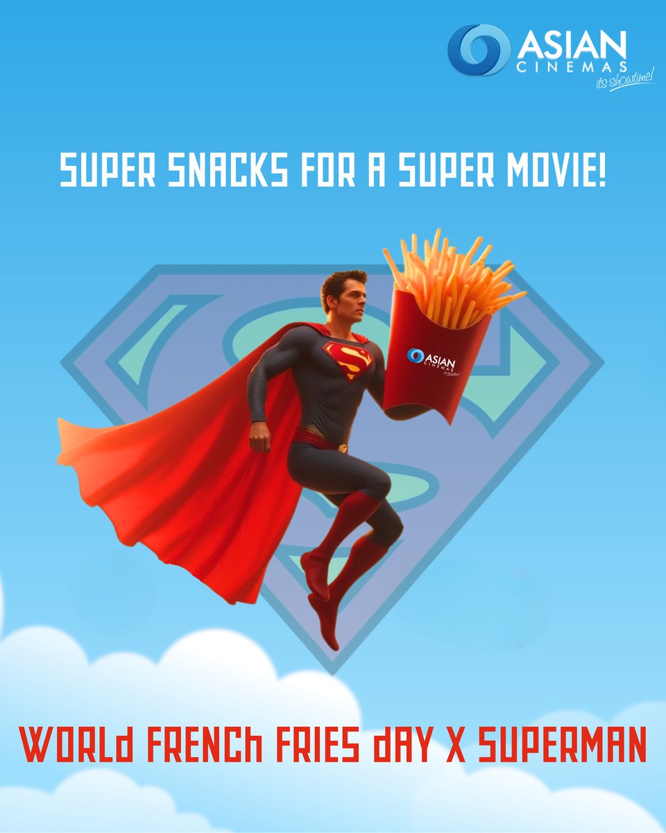 Superman Saves The World.
Fries Save The Mood.
Double The Fun This World French Fries Day—and Superman Releasing today!
Catch it all at Asian Cinemas.
#SupermanXFries #AsianCinemas #Superman #SupermanMovie