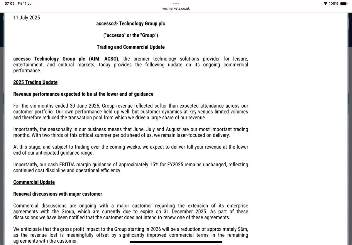 #ACSO Oh dear things are not all rosy in the world of theme parks fast passes🎢😳

Revenue to be at lower end of expectations &amp; negotiations continue with largest customer (Merlin?) on renewal
I’m holding a few so may be heading for the exit pronto once the park/market opens 🏃🏼‍♀️
