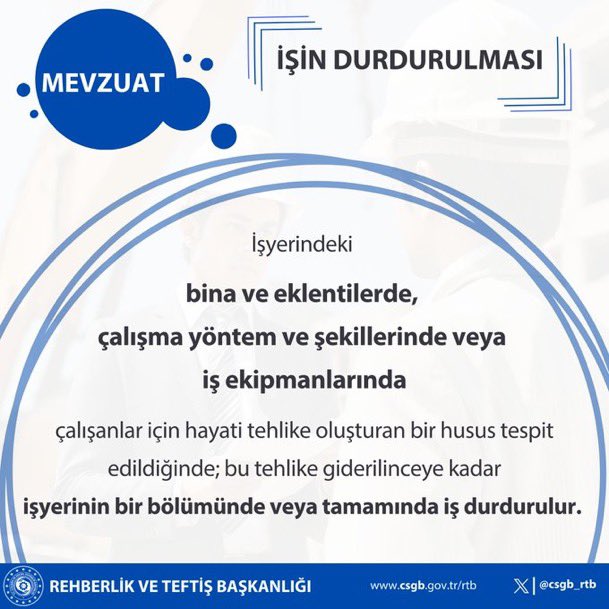 İSG Yönünden İşin Durdurulması❗️

✅ İşyerinde bina ve eklentilerde, çalışma yöntem ve şekillerinde veya iş ekipmanlarında çalışanlar için hayati tehlike oluşturan bir hususun tespit edilmiş olması gerekir.

✅ Ayrıntılar; lnkd.in/dNHU7Wet