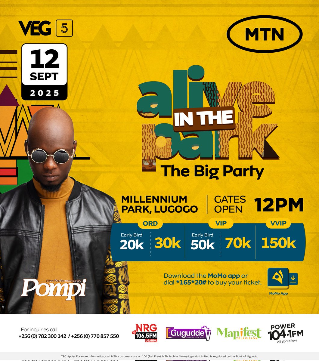 The big Party is happening on 12th September at Millennium Park as <a href="/VineEntGroup/">Vine Entertainment Group</a> celebrates 5 years. The headliner is the chairman and chief Giant Killer <a href="/ThePompi/">Pompi</a> Get your early bird ticket now  momoticketing.com/event/alive-in… 
#AliveInThePark #TheBigParty #VEGat5