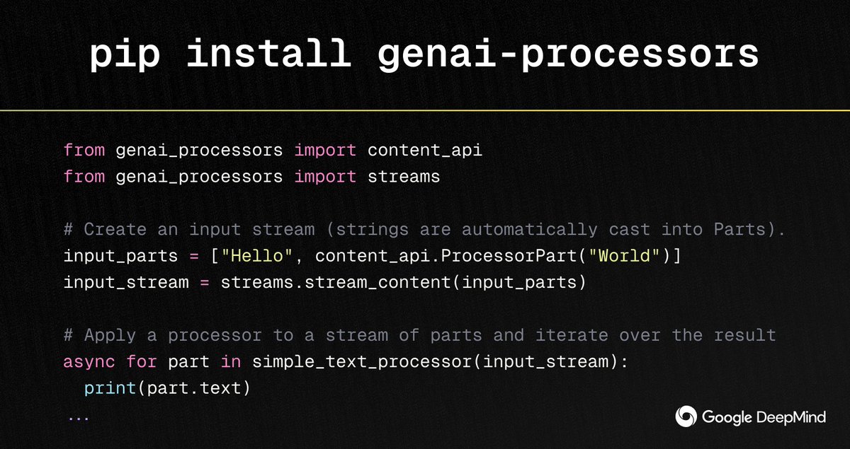 Philipp Schmid (@_philschmid) on Twitter photo New Open-Source Python library from <a href="/GoogleDeepMind/">Google DeepMind</a> to build asynchronous and composable AI Pipelines for Real-Time Agents and Generative AI!
- Build AI pipelines chaining reusable processor together.
- Integrates with Gemini and Gemini Live APIs.
- Uses Python's asyncio for New Open-Source Python library from <a href="/GoogleDeepMind/">Google DeepMind</a> to build asynchronous and composable AI Pipelines for Real-Time Agents and Generative AI!
- Build AI pipelines chaining reusable processor together.
- Integrates with Gemini and Gemini Live APIs.
- Uses Python's asyncio for