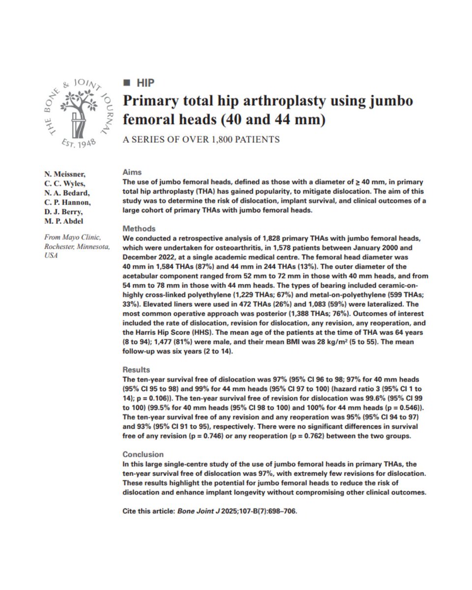 BoneJointJ's tweet image. These results highlight the potential of jumbo femoral heads in primary THAs to reduce the risk of dislocation and enhance implant longevity without compromising other clinical outcomes.
#TotalHipArthroplasty #HipReplacement #Ortho
ow.ly/Rqc850Wj0z8