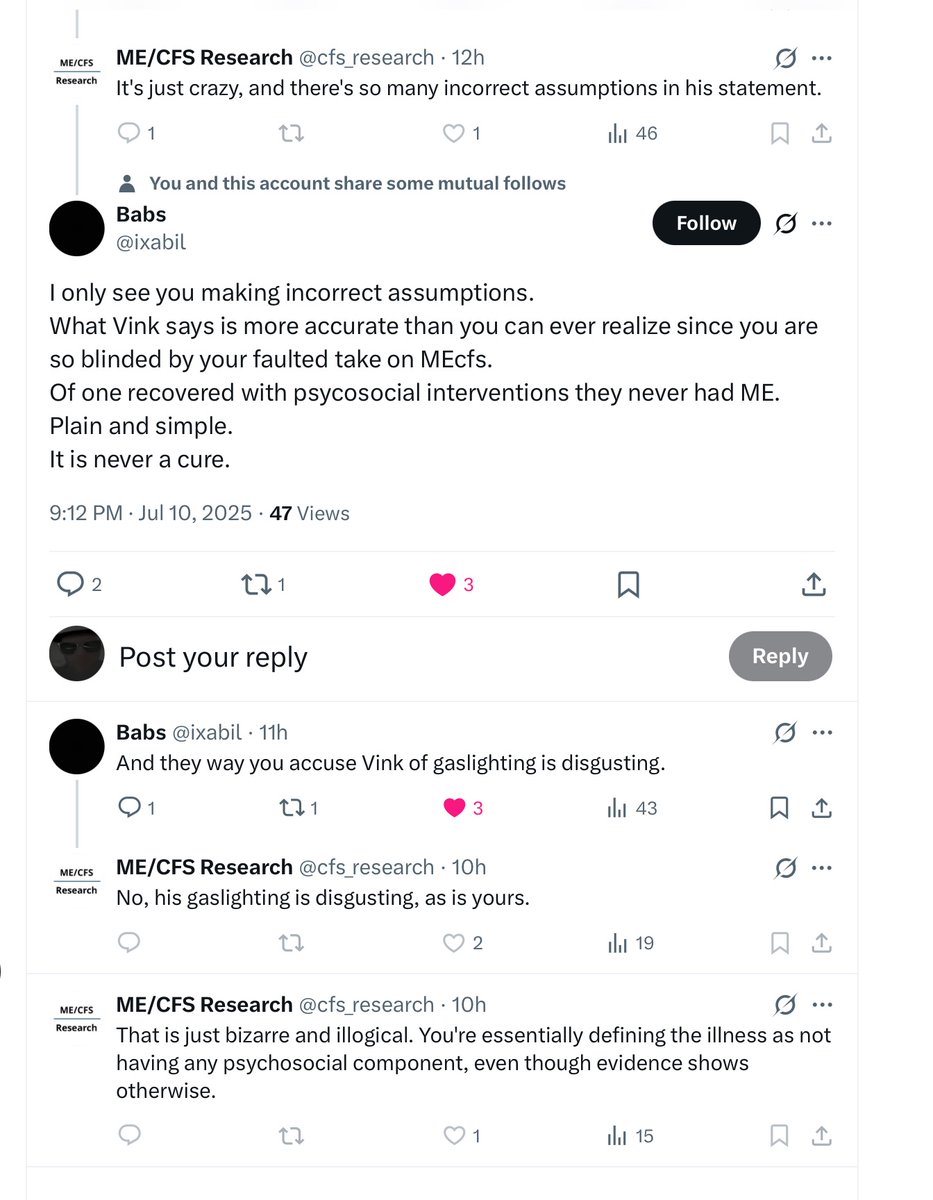 What to do if you do not have any arguments? 

Then just continue your unfounded accusations of gaslighting, label it disgusting, make sure that your accusations get even sillier and that you also direct them at others who don’t agree with you 

#MEcfs 

x.com/ixabil/status/…