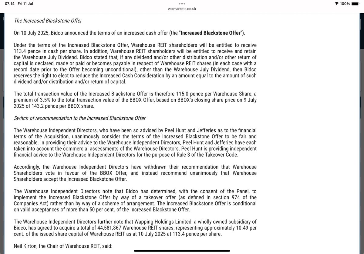 #WHR Warehouse REIT BOD switch horses 🐎 to support Blackstone’s higher bid 

Blackstone are offering 113.4p cash (115p including Julys dividend)

Well done to holders who hung on for the higher bid (I sadly did not 🙄)