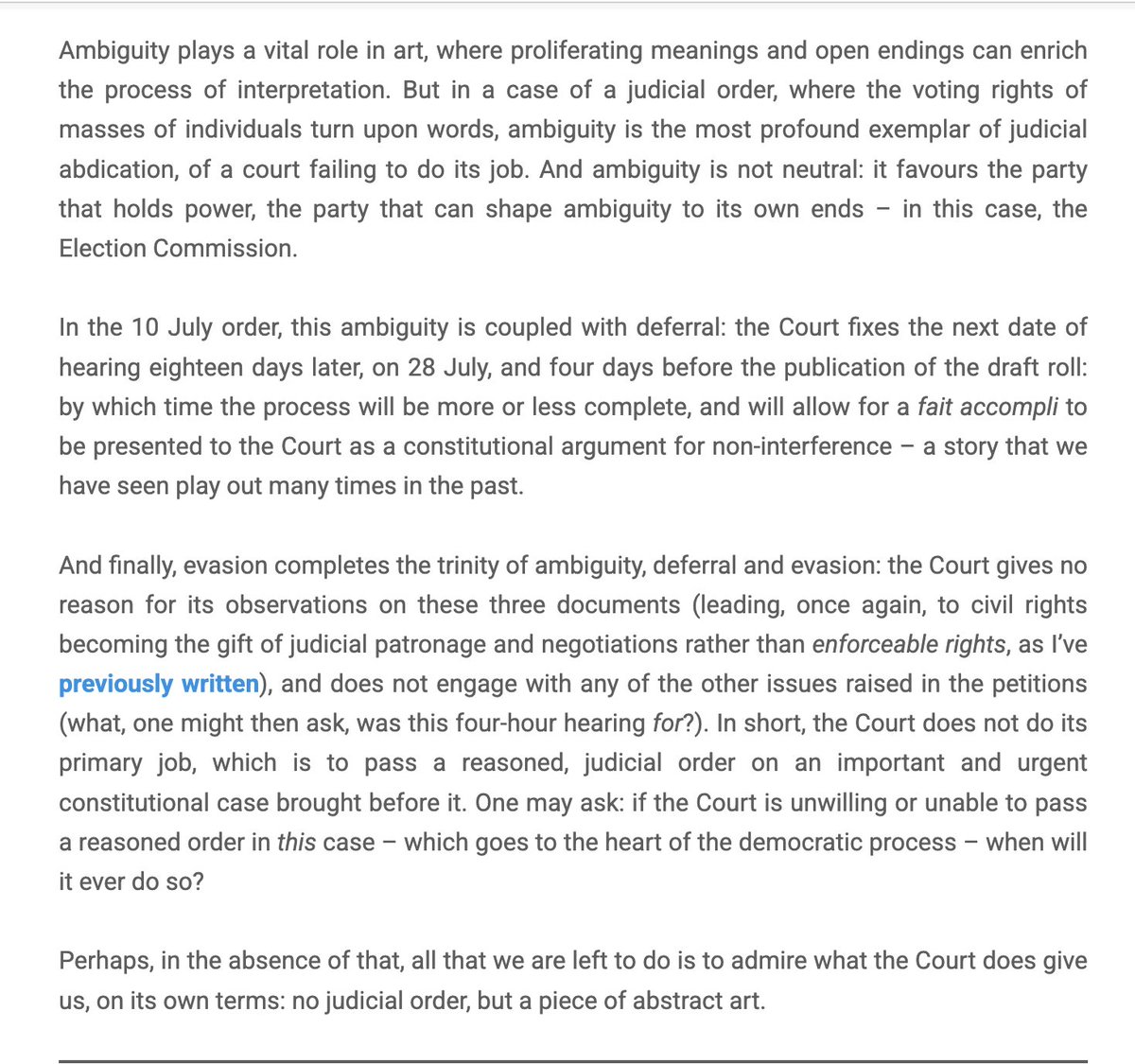 Sushant Singh (@sushantsin) on Twitter photo Let's hope the Supreme Court can read what <a href="/gautambhatia88/">Gautam Bhatia</a> has written here about its order yesterday. The trinity of ambiguity, deferral and evasion was on display. Admire the piece of abstract art that the SC produced yesterday.
indconlawphil.wordpress.com/2025/07/11/a-p… Let's hope the Supreme Court can read what <a href="/gautambhatia88/">Gautam Bhatia</a> has written here about its order yesterday. The trinity of ambiguity, deferral and evasion was on display. Admire the piece of abstract art that the SC produced yesterday.
indconlawphil.wordpress.com/2025/07/11/a-p…
