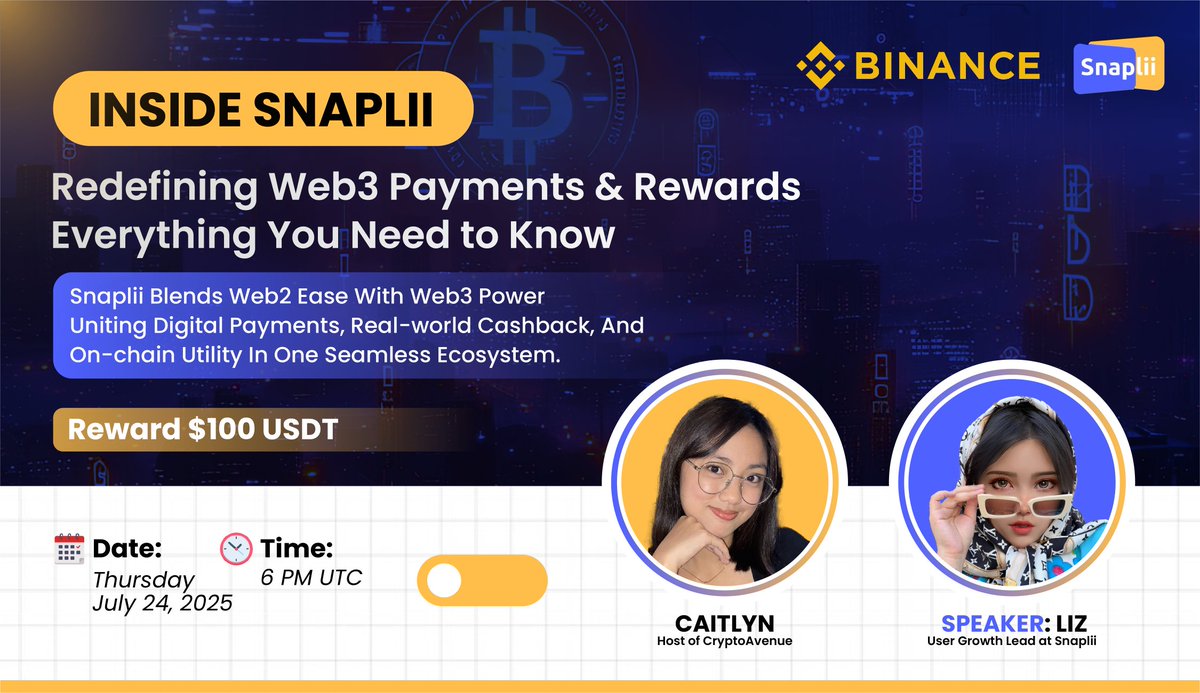 CryptoAvenuee's tweet image. 🎙Don't miss out on the opportunity to join us for a #BinanceLiveAMA with Snaplii.

◾️Discover how Snaplii is transforming Web3 payments, cashback &amp;amp; rewards with real-world use!

🕰 24th July, 06 PM UTC
💰 $100 USDT
🗣 Guest :- LIZ [User Growth Lead at Snaplii]

🏛 Venue:…