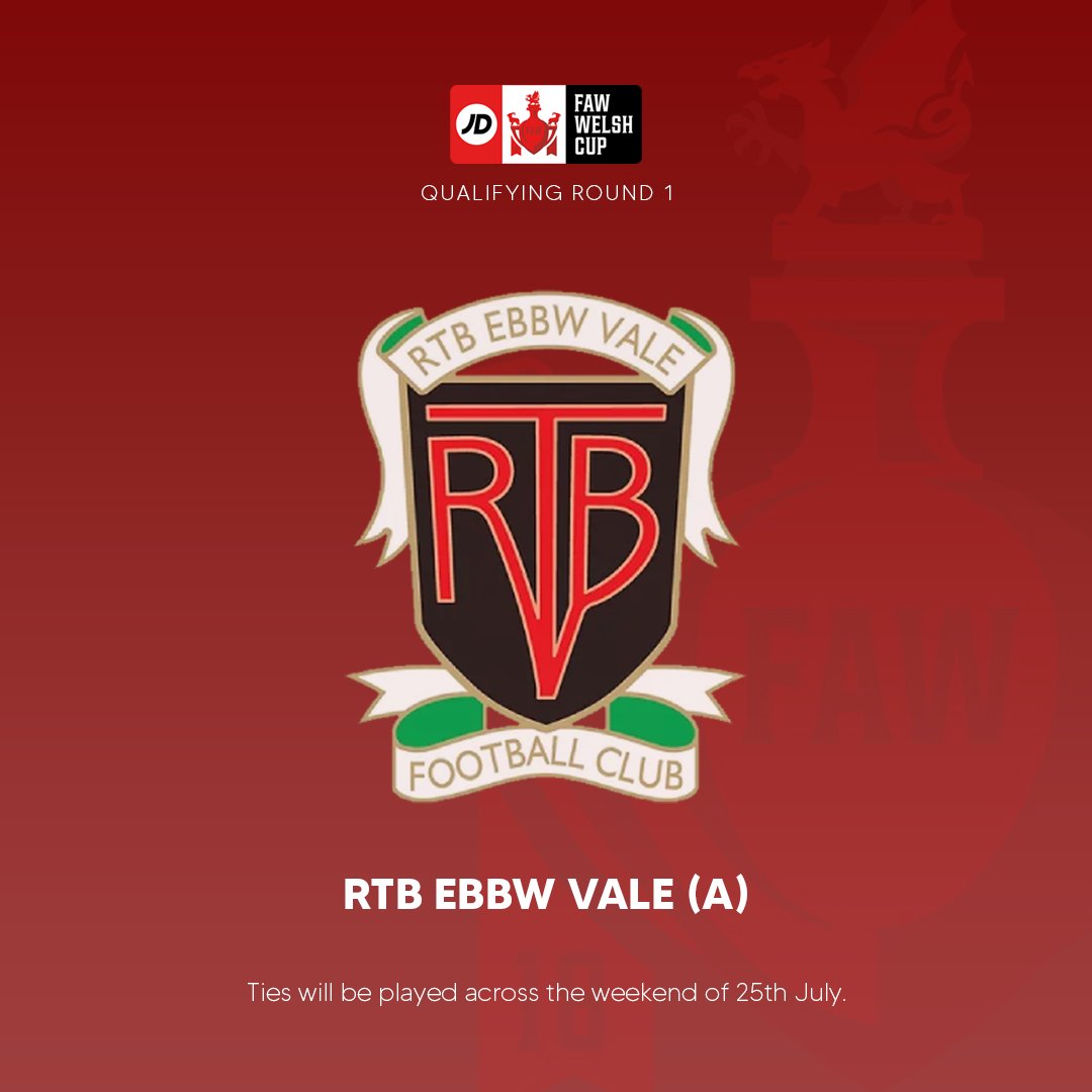 🏆 𝐉𝐃 𝐅𝐀𝐖 𝐖𝐄𝐋𝐒𝐇 𝐂𝐔𝐏 𝐐𝐑𝟏

We have drawn <a href="/RTBEbbwValeFC/">RTB Ebbw Vale Football Club</a> in the first qualifying round of the JD FAW Welsh Cup. 

We will travel to Ebbw Vale and detailed match information will be announced soon.

#UpTheClun