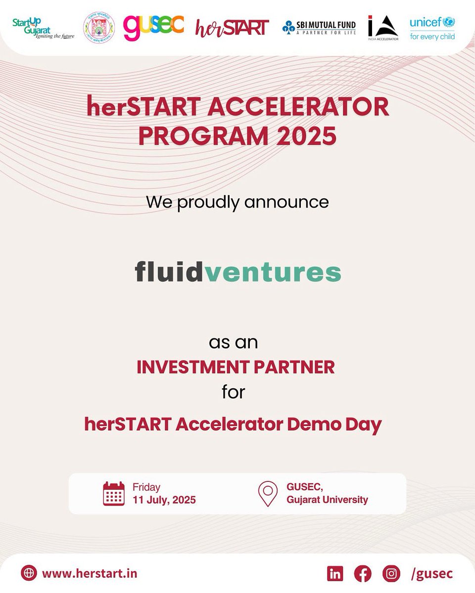 We are excited to announce Fluid Ventures as an Investment Partner for the upcoming herSTART Accelerator Demo Day, part of the herSTART Accelerator Program 2025.

Learn more at herstart.in

#herSTART #DemoDay #WomenInBusiness #StartupShowcase #GUSEC #FluidVentures