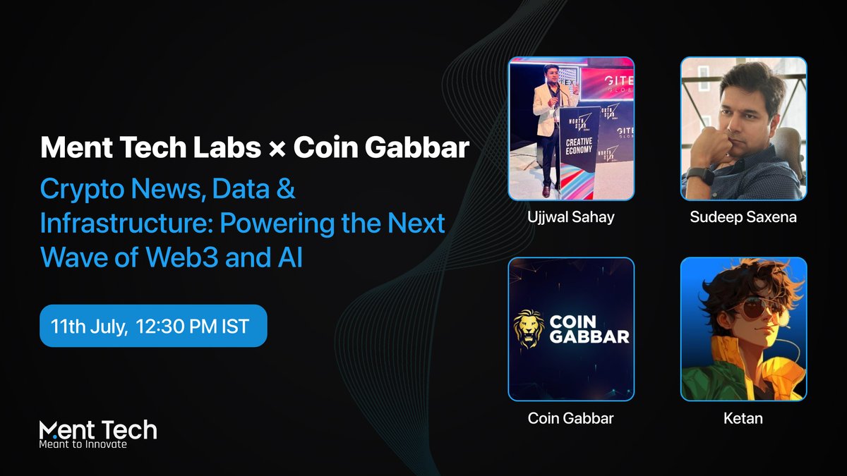 menttechlabs's tweet image. Twitter Space: Ment Tech Labs × Coin Gabbar
Crypto News, Data & Infrastructure
→ Powering the Next Wave of Web3 and AI
🦁 7M+ monthly views
🧠 Infra x Content x Community
📅 11th July | 🕧 PM IST
🎙️ @UjjwalSahay
🎙️@CMASUDEEPSAXENA
🎙️Co Host - @MrKenOnChain
Set reminder…
