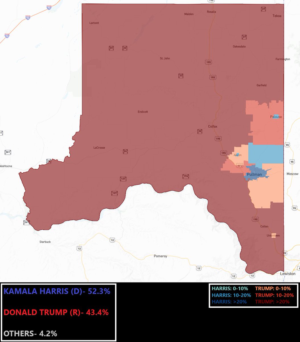 Uncrewed's tweet image. Whitman County, Washington has become a rare Democratic bastion in the eastern part of the state.
Containing the college town of Pullman, this county voted for Romney in 2012, but flipped to Clinton in 2016. It's gotten bluer since then, with Harris winning it by 9 last year.