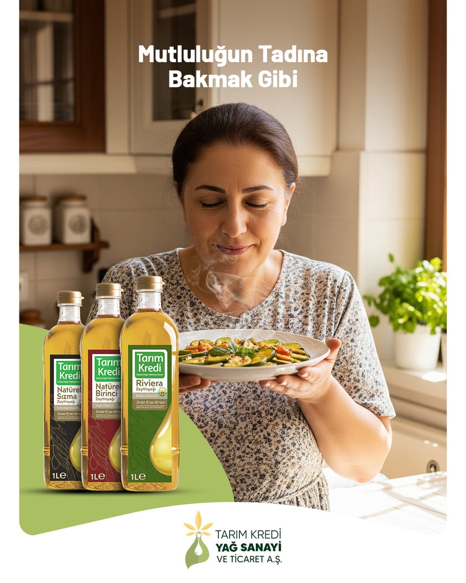 Zeytinyağının mutlulukla bir ilgisi olmalı…
Tarım Kredi zeytinyağları, kalite standartlarına uygun olarak üretilir, doğal yapısını ve lezzetini kaybetmeden sofralara ulaşır.

#TarımKrediYağ #TarımKrediGrubu