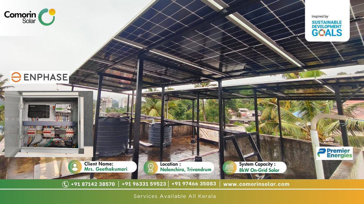 COMORINSOLAR1's tweet image. Customer Name : Mrs. Geethakumari, Trivandrum
👉 Project Specification — 8KW On-Grid Solar Plant
👉 Inverter — Enphase India Micro Inverter
👉 Solar Panel — Premier Energies TOPCon 590WP Panel

#energy #EnergyStorage #netzero #solarpower #solarsystem #ClimateAction #Kerala