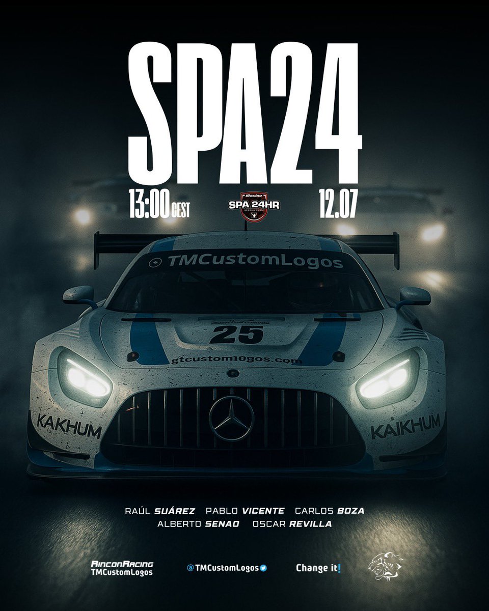 SPA 24hs🏁

Evento del año y no podemos fallar. Sacamos a pista un equipo del maximo nivel que luchara por todo lo alto!🔥🔥

👤<a href="/pidigri/">Alberto Senao</a> 
👤<a href="/ByLiyo/">Carlos Boza</a> 
👤<a href="/valos33/">oscar helguera</a> 
👤<a href="/RaulSuarez21/">Raul Suarez (Vasdes)</a> 
👤<a href="/PabloVicTV/">Pablo Vicente 👑</a> 

🚗 Mercedes AMG GT3.
🇧🇪 Spa-Francorchamps.
⏰ 12.07 - 13:00(CEST).

#somosrincon 🐅
