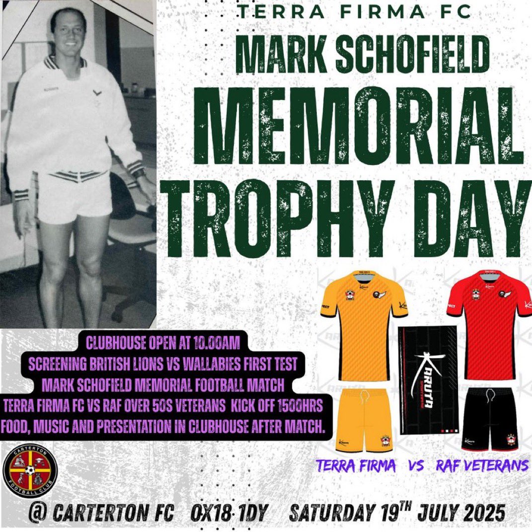 Carterton FC (@cartertonfc2018) on Twitter photo Memorial Trophy Day for Mark Schofield taking place on Saturday 19th July 2025. Everyone welcome.
<a href="/RAFBrizeNorton/">RAF Brize Norton</a> <a href="/ProcisionOxford/">Procision Oxford Football Academy</a> <a href="/BBCOxford/">BBC Oxfordshire</a> <a href="/wdfafootball/">Witney & District FA</a> Memorial Trophy Day for Mark Schofield taking place on Saturday 19th July 2025. Everyone welcome.
<a href="/RAFBrizeNorton/">RAF Brize Norton</a> <a href="/ProcisionOxford/">Procision Oxford Football Academy</a> <a href="/BBCOxford/">BBC Oxfordshire</a> <a href="/wdfafootball/">Witney & District FA</a>