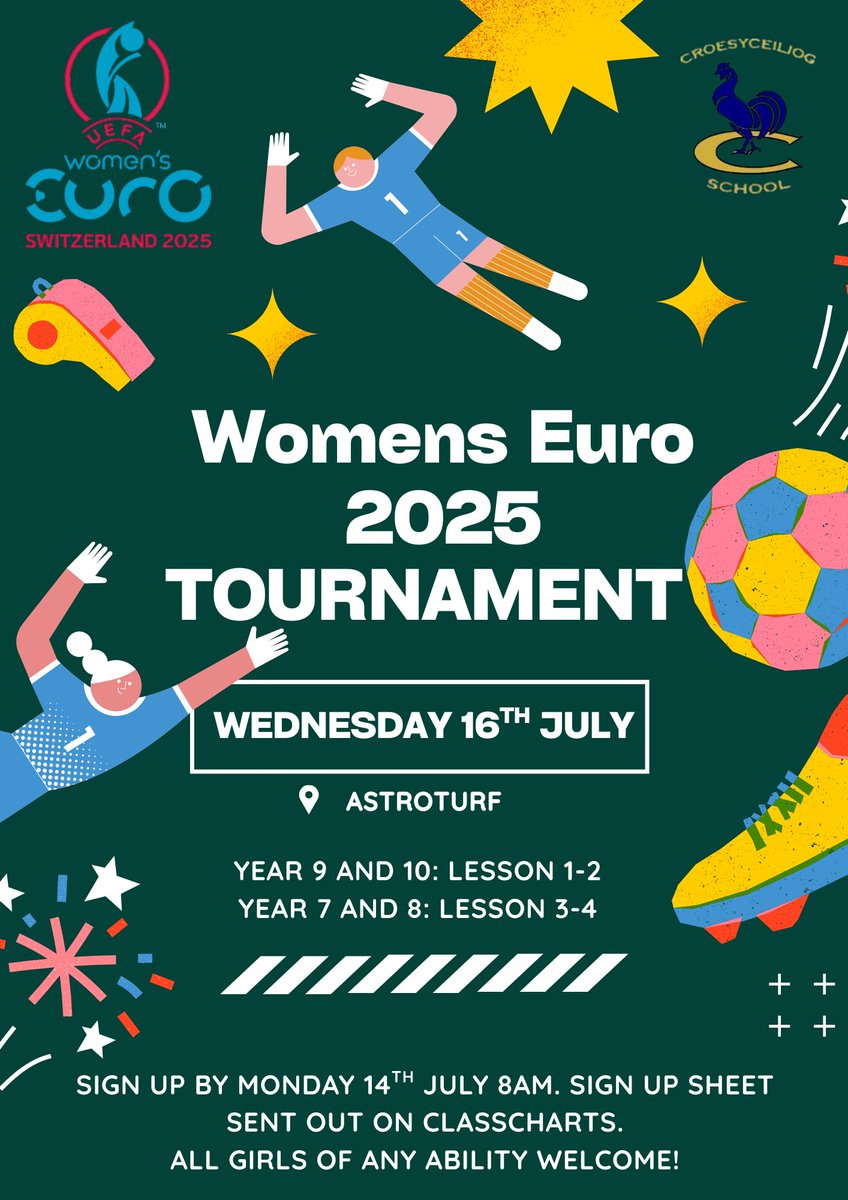 Sign up to our Womens Euro 2025 Tournament next Wednesday via the link on ClassCharts! All girls of any ability welcome.