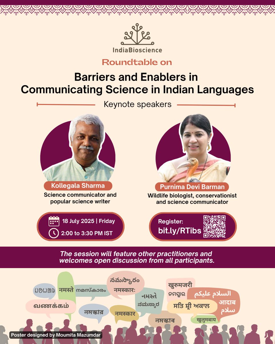 India speaks in many languages—but is science heard in all of them?

Let’s talk barriers, enablers, &amp; innovation in science communication in Indian languages. Join us in this online roundtable discussion next Friday! 

🔗 Register: bit.ly/RTibs
For more details: