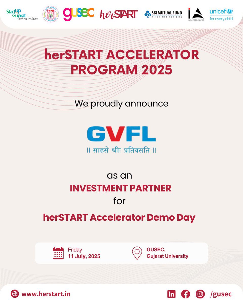 We are proud to welcome GVFL as an Investment Partner for the herSTART Accelerator Demo Day, part of the herSTART Accelerator Program 2025.

Explore more at herstart.in

#herSTART #DemoDay #GVFL #WomenEntrepreneurs #StartupEcosystem #InvestmentPartner #GUSEC