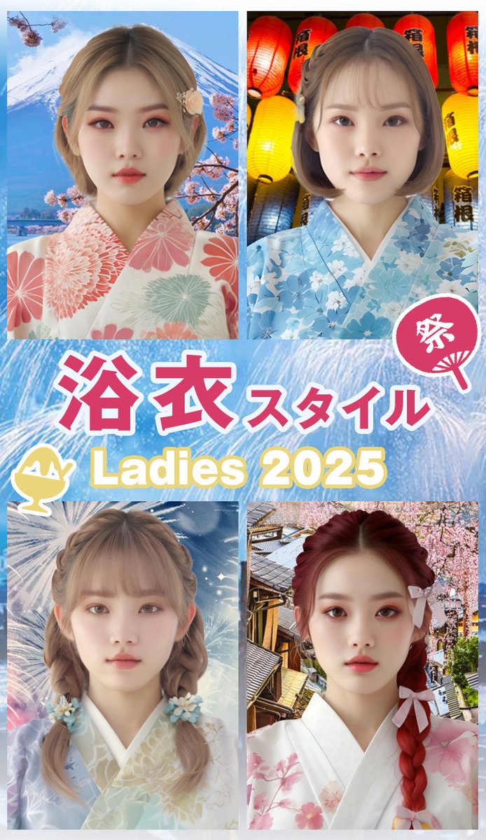 #ヘアスタイルデザイナー に浴衣 2025 - ナチュラルフェミニン - 登場！　
涼し気な浴衣で可愛く彩る。定番ヘアアレンジ×儚げカラーの浴衣ではんなり夏の装い。🎆🌌　
rasysa.com/hsd/