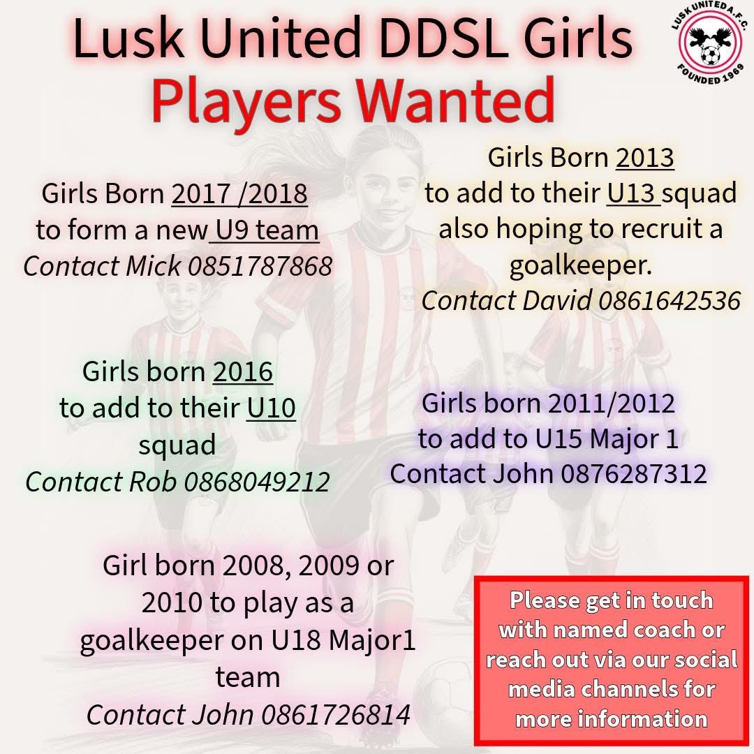 Some of our girls teams are recruiting new players and adding to their squads. Please share with those who may be interested and in class groups etc . Please get in touch via our social media channels or contact the number given #workhard #havefun