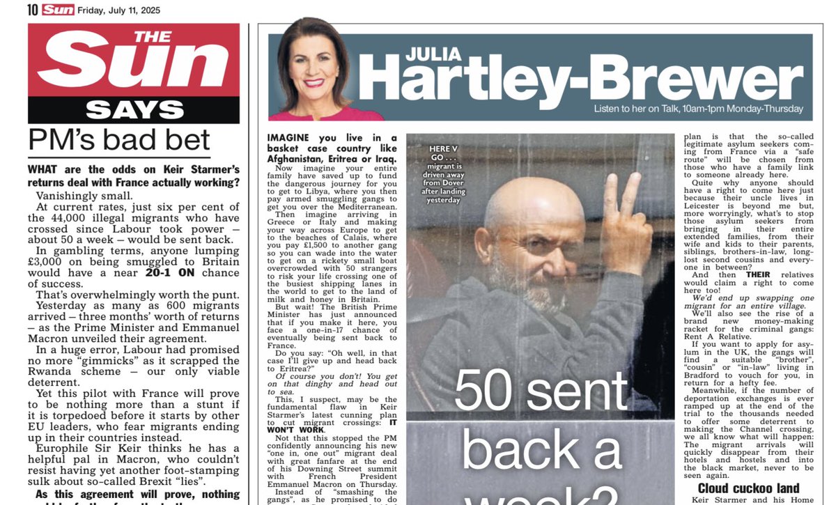 Keir Starmer's barmy "one in, one out" migrant exchange plan with President Macron is fundamentally flawed: it won't work.

We want "NONE in, ALL out".

My column for today's <a href="/TheSun/">The Sun</a>. Link to full article here ⬇️ 
thesun.co.uk/news/35793198/…