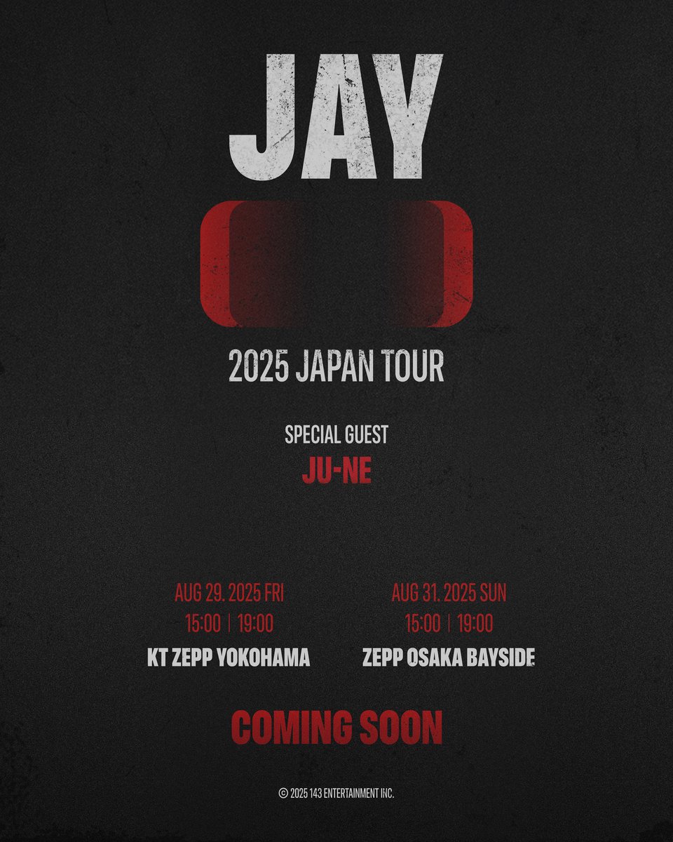 [📣]

𝐉𝐀𝐘 [      ] 𝟐𝟎𝟐𝟓 𝐉𝐀𝐏𝐀𝐍 𝐓𝐎𝐔𝐑

プレイガイド先行受付開始!!🖤
サウンドチェックチケットの受付も15日(火)23:59まで！
ぜひお早めにお申し込みください♪

📍 KT Zepp Yokohama
  2025.08.29
📍 Zepp Osaka Bayside
  2025.08.31

🗓受付期間：6/13日(日)12:00～7/24(木) 23:59