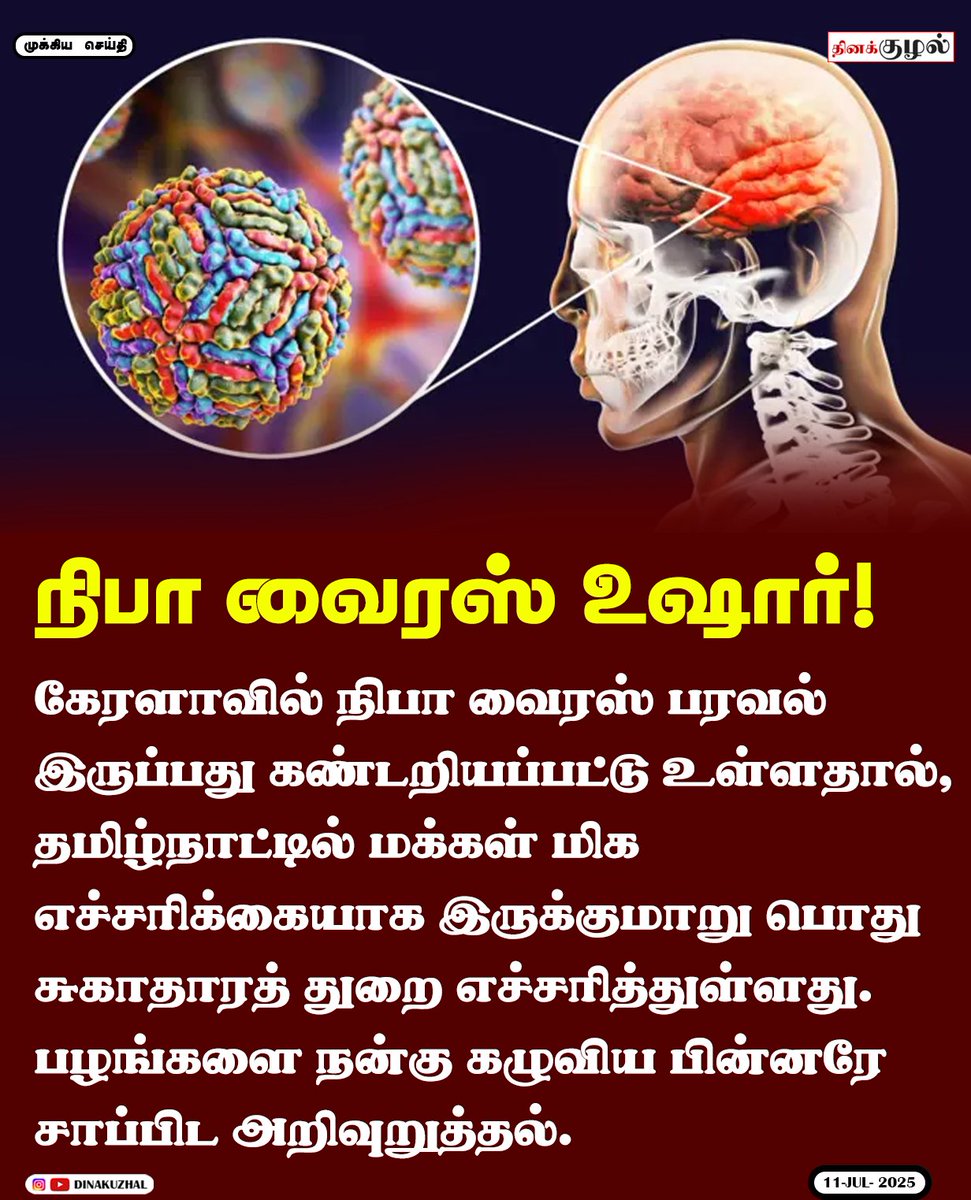 Tazhal_Media's tweet image. கேரளாவில் நிபா வைரஸ் பரவல் இருப்பது கண்டறியப்பட்டு உள்ளதால், தமிழ்நாட்டில் மக்கள் மிக எச்சரிக்கையாக இருக்குமாறு பொது சுகாதாரத்  துறை எச்சரித்துள்ளது. 
#nipah #nipponpic #tamilnews #tamilnewslive #tamilnewsupdates #tnnews #kerala