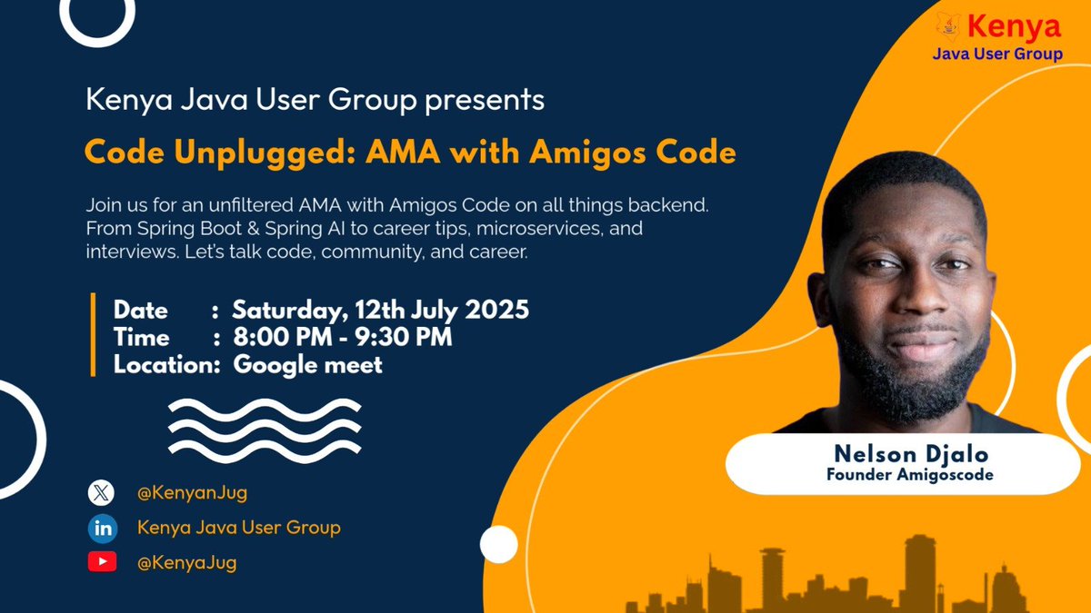 kenyanJug's tweet image. Happening this SATURDAY!
An unfiltered AMA with @AmigosCode’s Nelson Djalo 🔥
From Spring Boot & microservices to backend careers & interviews — get your questions ready!
🗓️ July 12 | 🕗 8PM EAT | 📍 Google Meet
🎟️ Register here 👉 lu.ma/xgfbd4up
#KenyaJUG #Java