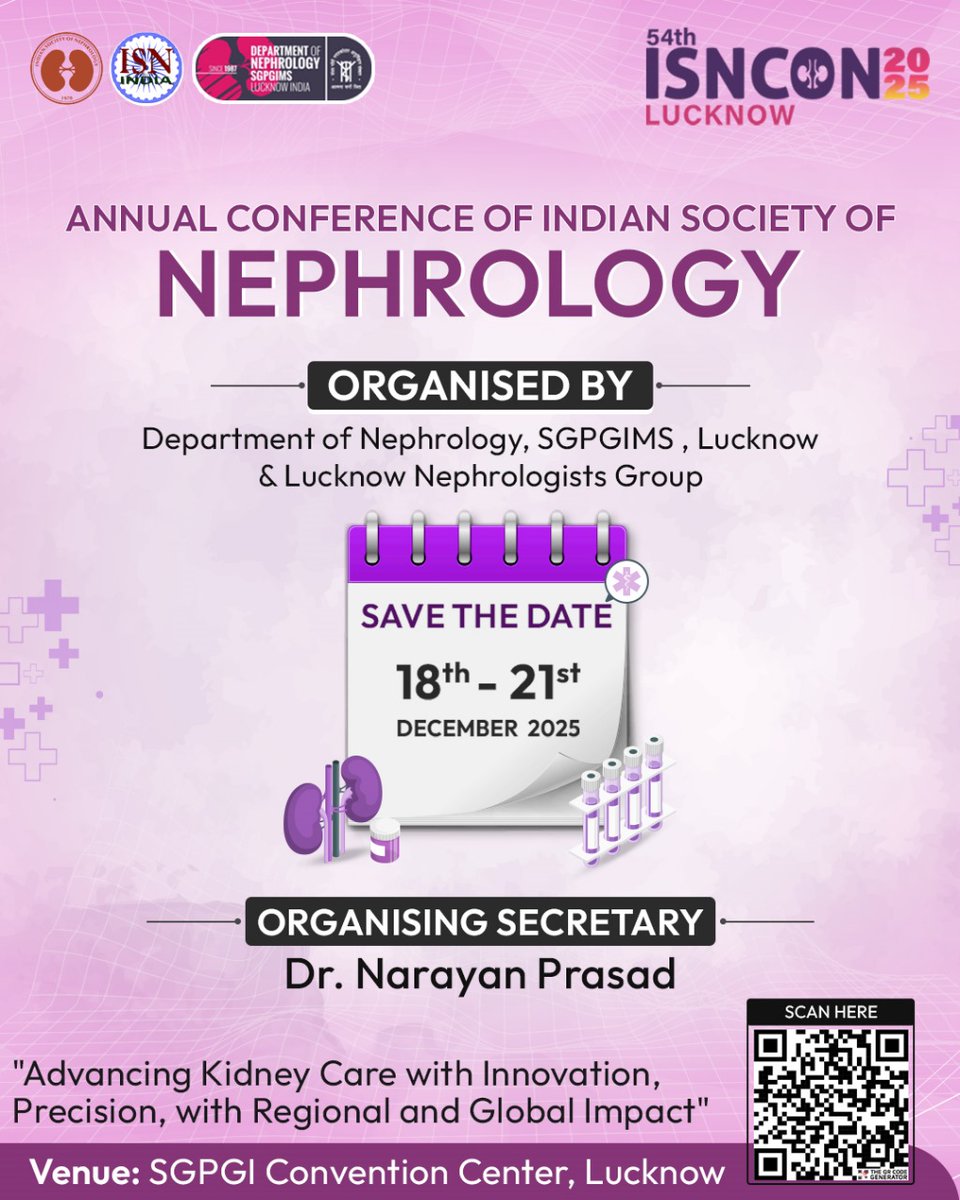 Isncon25's tweet image. π
Save the Date!
π©Ί 54th ISNCON β Annual Conference of Indian Society of Nephrology
π SGPGI Convention Center, Lucknow
ποΈ 18 β 21 Dec 2025
Theme: Advancing Kidney Care with Innovation & Global Impact
#ISNCON2025 #Nephrology #MedicalConference #LucknowEvents