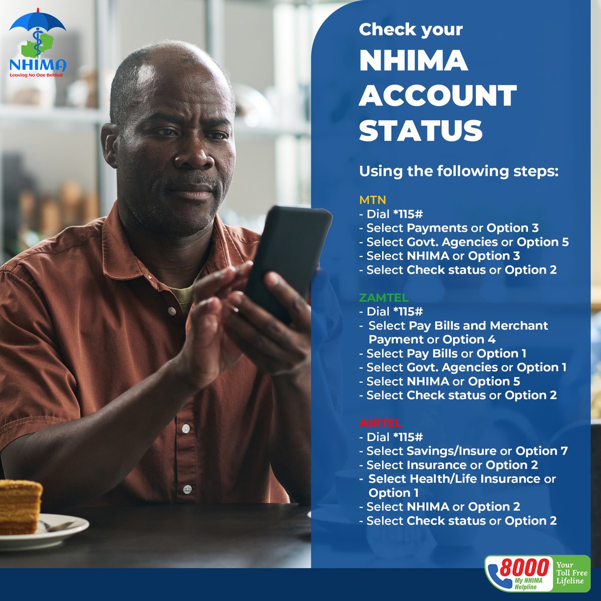 Don’t wait for an emergency to find out!

Keep track of your NHIMA account status to ensure your employer is meeting their obligations. A quick check can save you from unexpected inconveniences when you need care the most.

#LeavingNoOneBehind