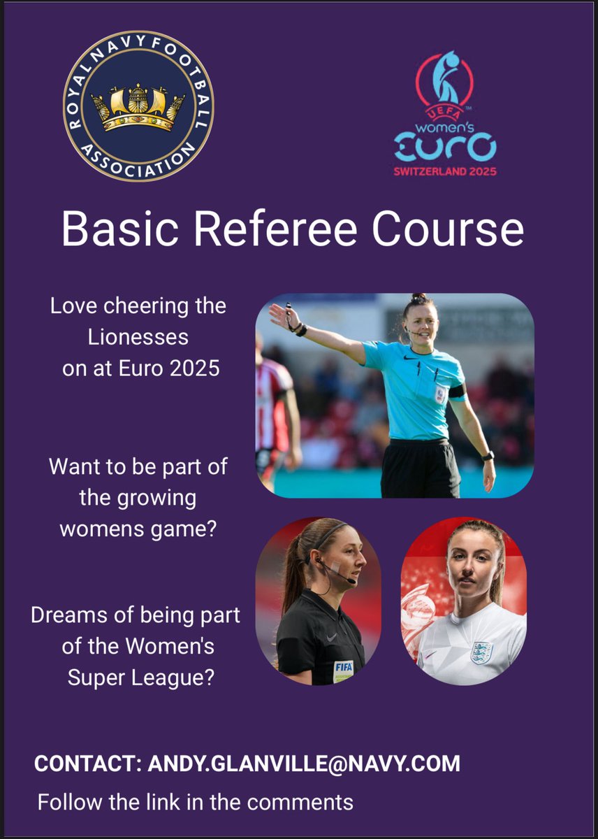 RNFA are seeking interest for an upcoming Referee Course. Royal Navy Women who would like to give something back to the sport, and want the challenge of maybe getting into the WSL in the future! Get in touch!!