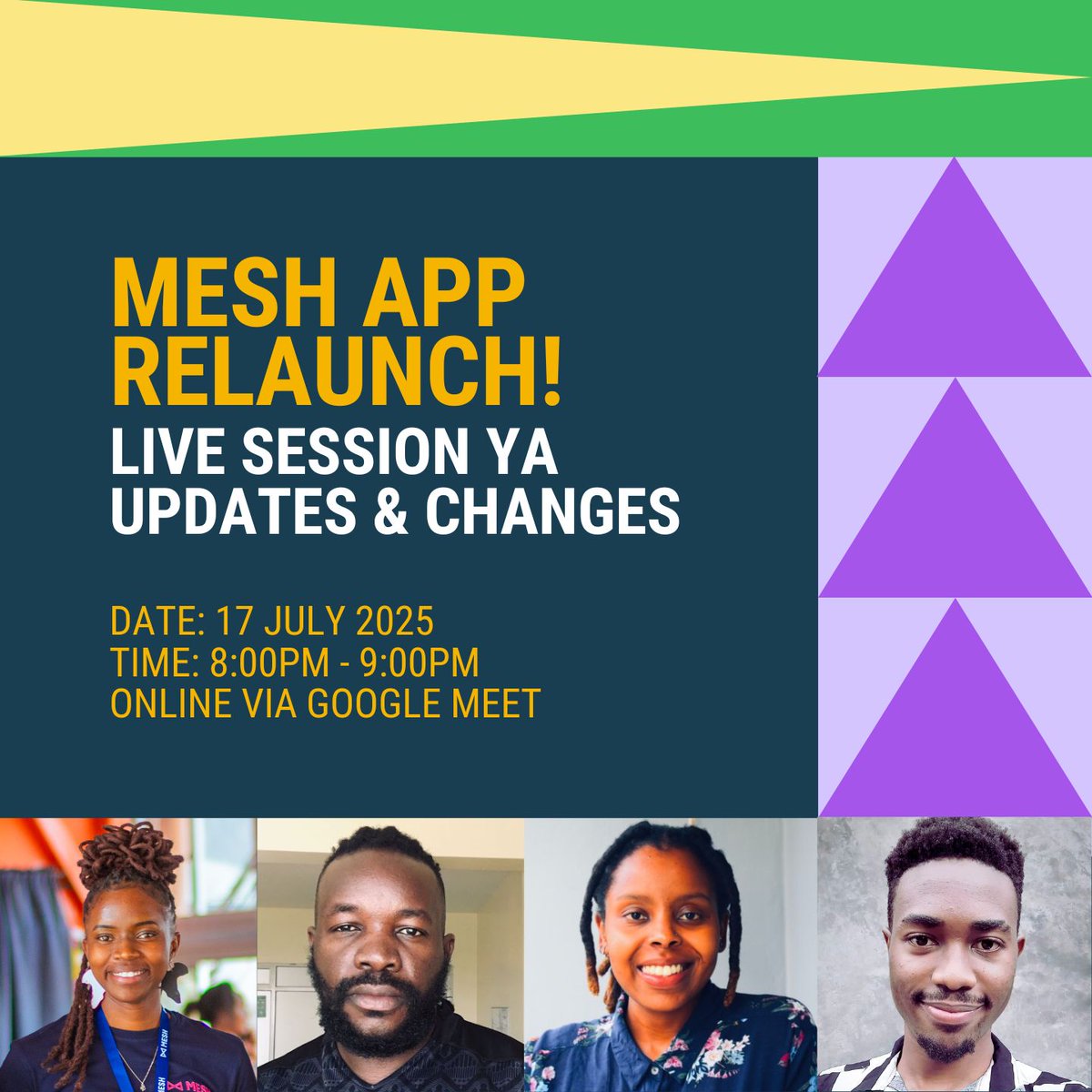 MESHLIFE254's tweet image. Niaje MESHERS! 🚀 
MESH ina-relaucnch &amp;amp; will be bigger &amp;amp; better!
Join Team MESH 🫶🏾 Thu 17th July, 8PM ku-vibe, checking out the new MESH app updates na plans za 2025!
💬Interact. Engage. Uliza maswali.
👉🏾 Link: meet.google.com/uci-tnqw-mmh
#TeamMESH #MESHApp #MESHReloaded