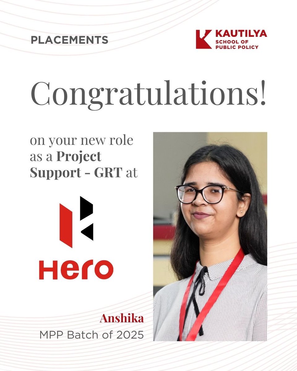 KautilyaSPP's tweet image. Anshika from the MPP Class of 2025 has joined Hero MotoCorp as Project Support - GRT. Wishing her the best as she contributes to impactful projects at the intersection of business and policy.

#KSPP #MPP2025 #KautilyaPlacements #PolicyCareers #HeroMotoCorp #ProjectSupport…