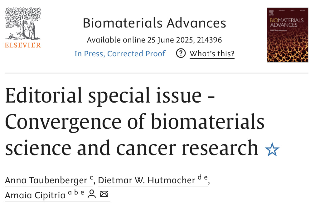 Amaia Cipitria (@amaia_cipitria) on Twitter photo 📢 The Special Issue <a href="/BiomaterialsAdv/">Biomaterials Advances</a> on Convergence of #Biomaterials Science and #Cancer Research and co-edited by <a href="/TaubenbergerL/">Taubenberger lab</a> and #Dietmar #Hutmacher is finally out! Take a look at the interesting collection of 15 articles 👉 bit.ly/44EYJox 📢 The Special Issue <a href="/BiomaterialsAdv/">Biomaterials Advances</a> on Convergence of #Biomaterials Science and #Cancer Research and co-edited by <a href="/TaubenbergerL/">Taubenberger lab</a> and #Dietmar #Hutmacher is finally out! Take a look at the interesting collection of 15 articles 👉 bit.ly/44EYJox