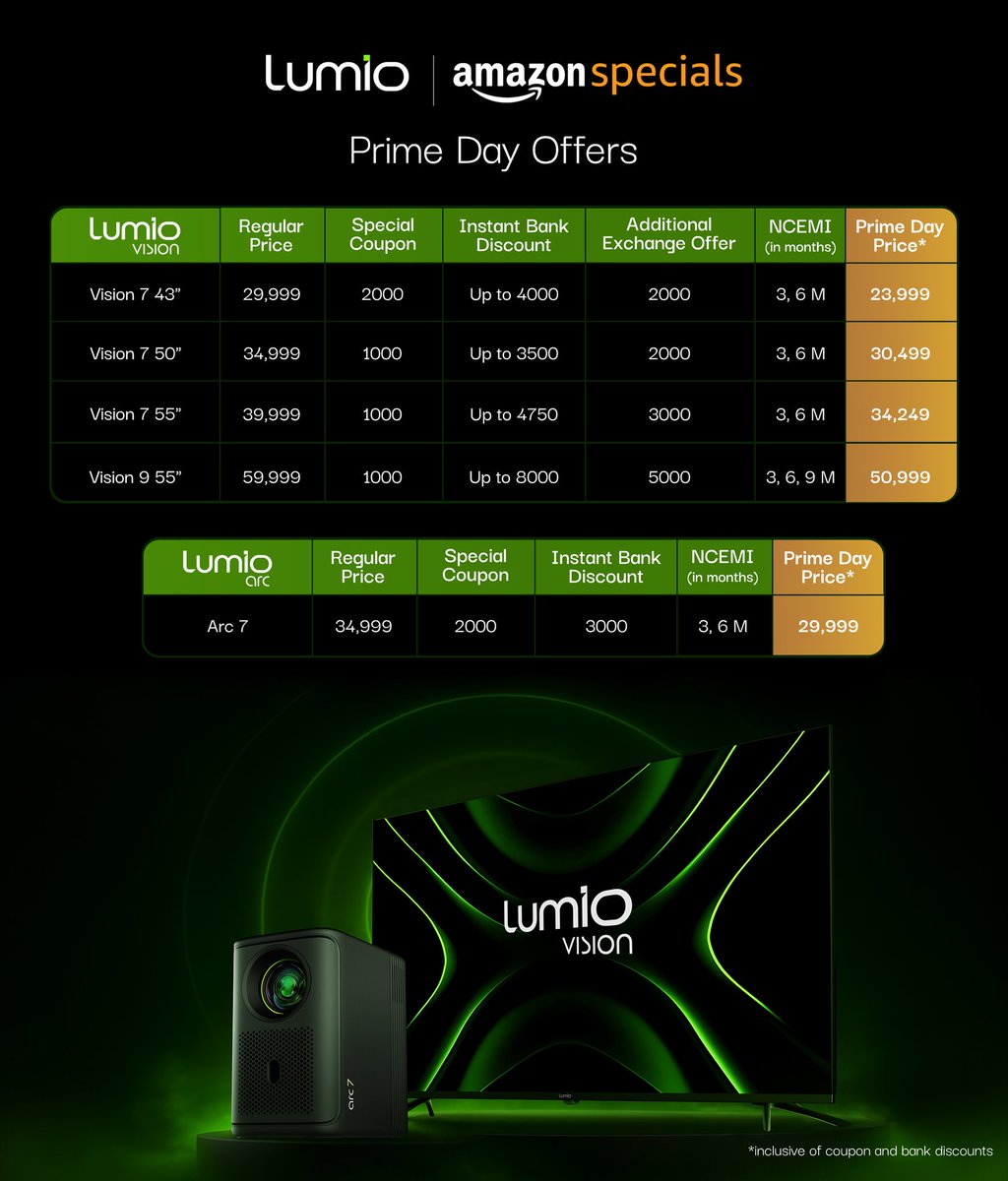 Lumio Prime Day Sale Start Hone wali hai Aaj Raat 12 bje to juldi Jaiye aur apne fav Lumio product grab kr lijiye With Heavy Discounts.
Tvs and Projectors 
Sbse Jyada Discount ke baad Kuchh iss Prakar hai 👇👇👇👇
#Lumio #Lumiotv #Vision7 #vision9 #arc7 #projector <a href="/LumioIN/">Lumio</a>
