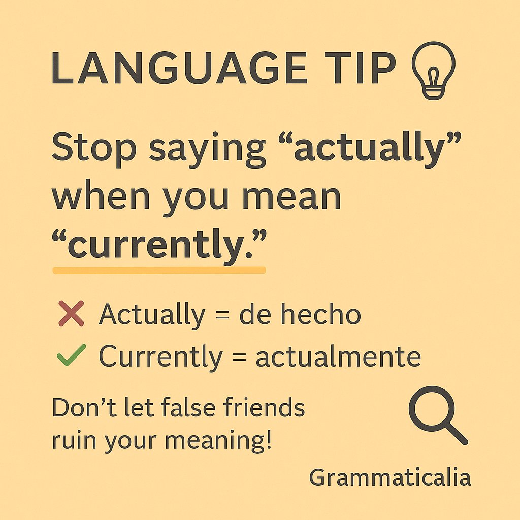 Language tip! 💬

Stop using “actually” when you mean “currently.”
False friends can be dangerous.

#FalseFriends #LanguageTips #LearnSpanish #Grammaticalia