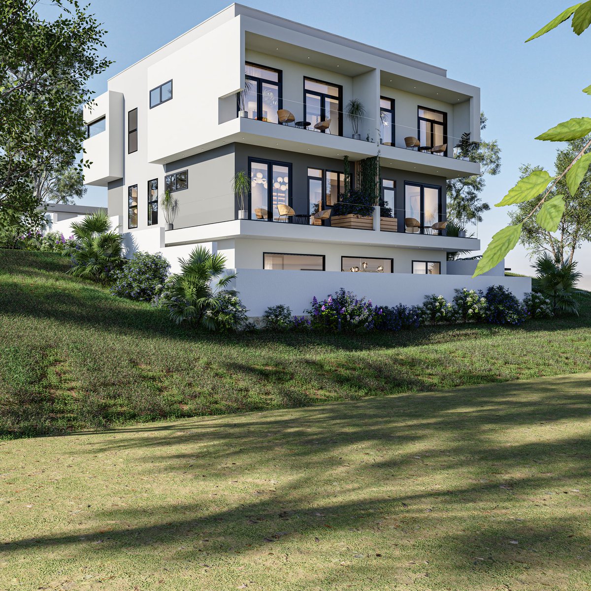 Many people in recent years used to dislike sloped plots but now isn’t the same, the people like sloped plots because it’s easy to make basement with natural ventilation on affordable price 
So this is two in one apartment for 
4 units in 300sqm
We’re advisor.