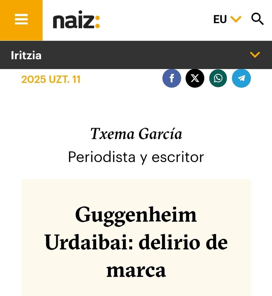 Pero Urdaibai no es un decorado. Es un ecosistema. Un símbolo vivo. Un territorio que merece respeto, no marketing. Porque no necesitamos otro museo. Necesitamos otra política. Una que no confunda cultura con cemento.
naiz.eus/es/iritzia/art…
