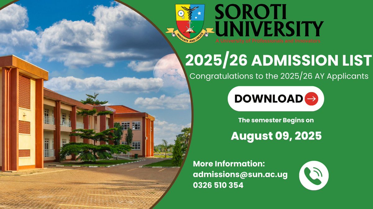 Sunlibdept's tweet image. 2025/26 ADMISSION LIST OUT:
Congratulations to all the successful applicants
YOGA AITELEKAR
For details👇🏼👇🏼👇🏼:
sun.ac.ug/in-the-press/s…