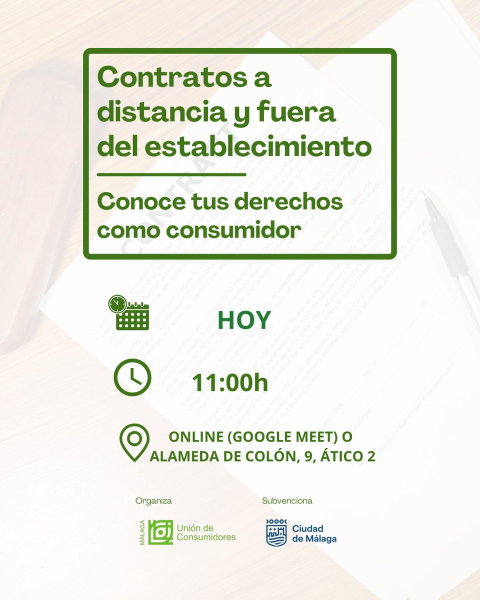 RECORDATORIO CAMPAÑA FORMATIVA “CONTRATOS A DISTANCIA Y FUERA DEL ESTABLECIMIENTO MERCANTIL: CONOCE TUS DERECHOS COMO CONSUMIDOR”

El taller se impartirá

🗓️: HOY

🕰️: 11:00H

📍: ONLINE (meet.google.com/zvq-vgqy-xtz)
o presencial en Alameda de Colon, 9, Ático 2
