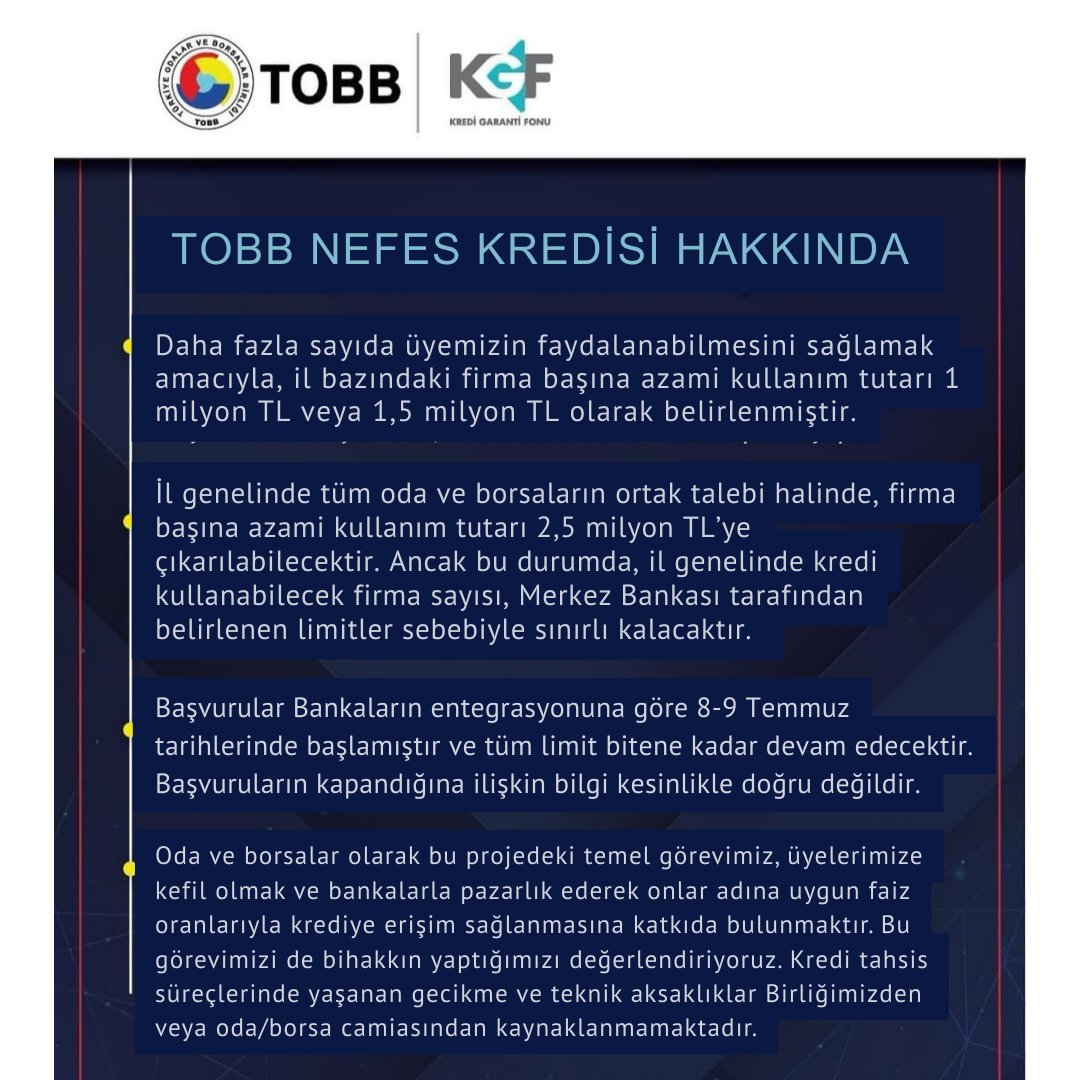TOBB Nefes Kredisi Hakkında Üyelerimize Önemli Duyuru!