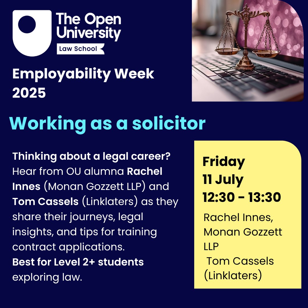🟢🔵TODAY 12:30 🗣️💻

Rachel and Tom will share their insights into life in legal practice, tips on applying for training contracts, and their journeys through the legal profession.

📅 Open to all students.
 
Details here..👇
ow.ly/nizL50WgAXg