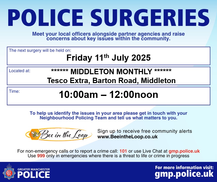 ***** POLICE ‘DROP-IN’ SURGERY at TESCO EXTRA ***** Today, Friday 11th July 2025 - 10:00am to 12:00noon *****