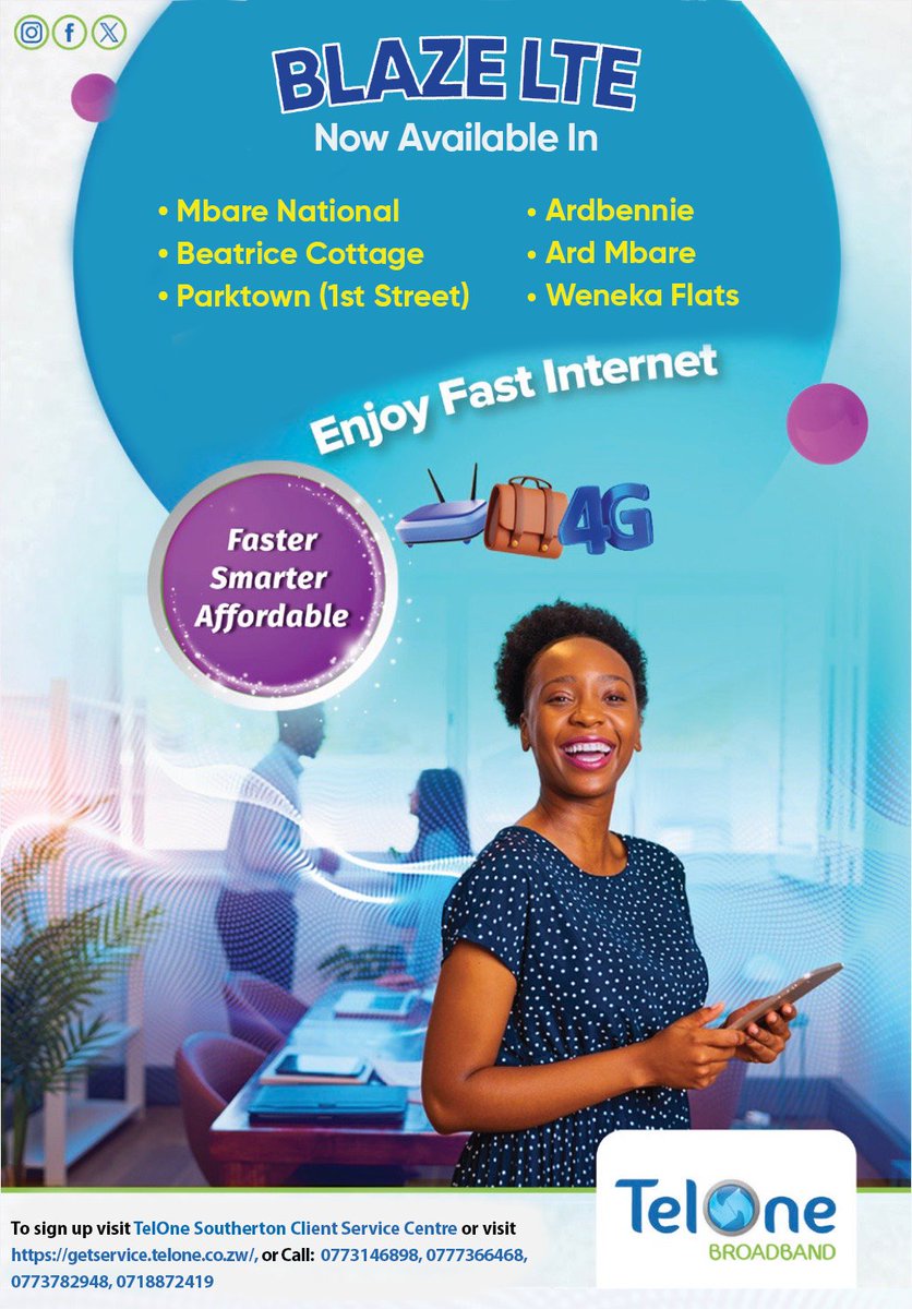 Blaze LTE is now available in Mbare National, Beatrice Cottage, Ardbennie, Ard Mbare, Parktown (1st Street) and Weneka Flats.

To sign up, visit the Southerton Client Service Centre or go to getservice.telone.co.zw