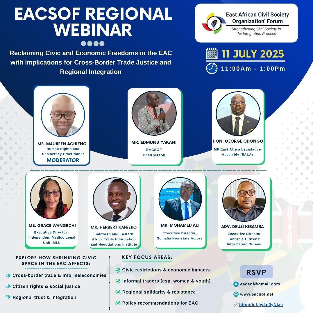 *📢 Register Now!*

Join <a href="/eacsof/">EACSOF Secretariat</a> webinar on Reclaiming Civic &amp; Economic Freedoms in the #EAC &amp; explore impact of shrinking civic space on cross-border #trade #justice #regionalintegration

🗓️ Friday, 11th July 2025
🕑 11:00 AM – 1:00 PM EAT

 Register: bit.ly/46urDdq