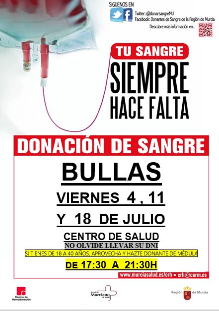 📢 #BuenosDias La donación de sangre es un pilar básico en nuestra sanidad, sin tu ayuda difícilmente se podrían realizar cirugías, trasplantes, tratamientos a enfermos.

🚑Te esperamos esta tarde 👇
📍 #Bullas
📍 #Barranda ( #CaravacaDeLaCruz )
📍 #Archivel ( #CaravacaDeLaCruz )
